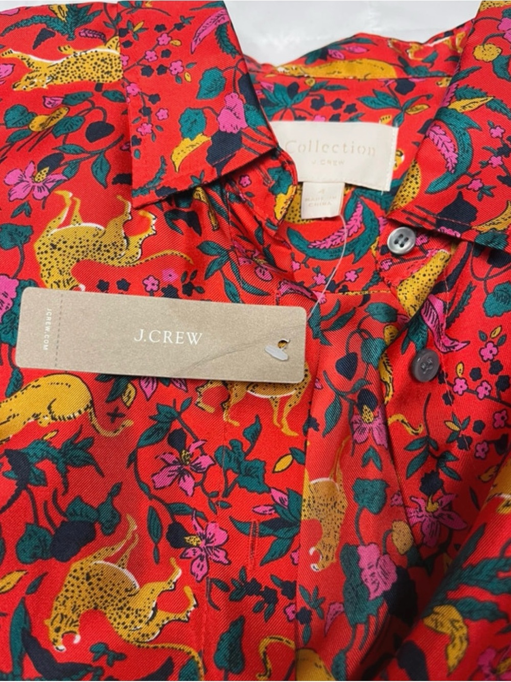 J. Crew Red Floral and Leopard Print Button-Up